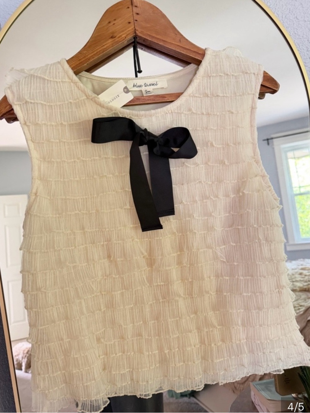 Anthropologie Cream Tiered Fringe Sleeveless Top w/ Black Bow